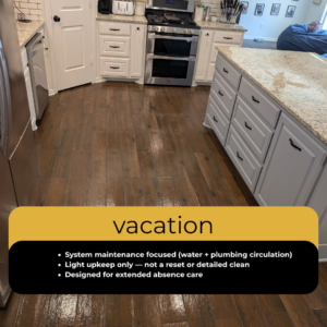 Vacation home maintenance visit in Waco Texas kitchen surface wipe and plumbing system check